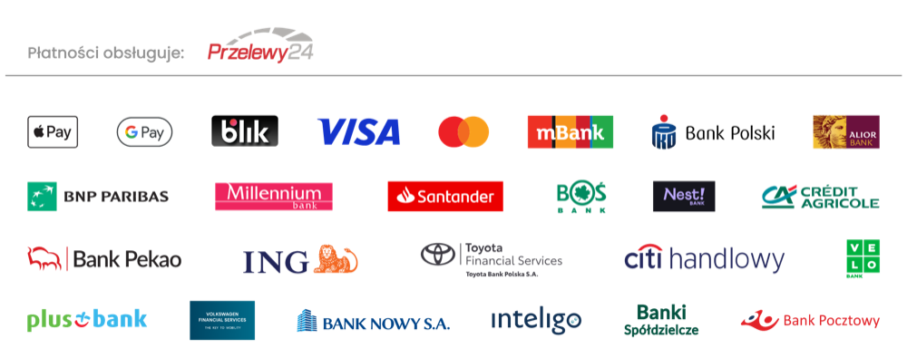 Płatności obsługuje Przelewy24: BLIK, karty Visa i Mastercard, Apple Pay, Google Pay, przelewy z banków